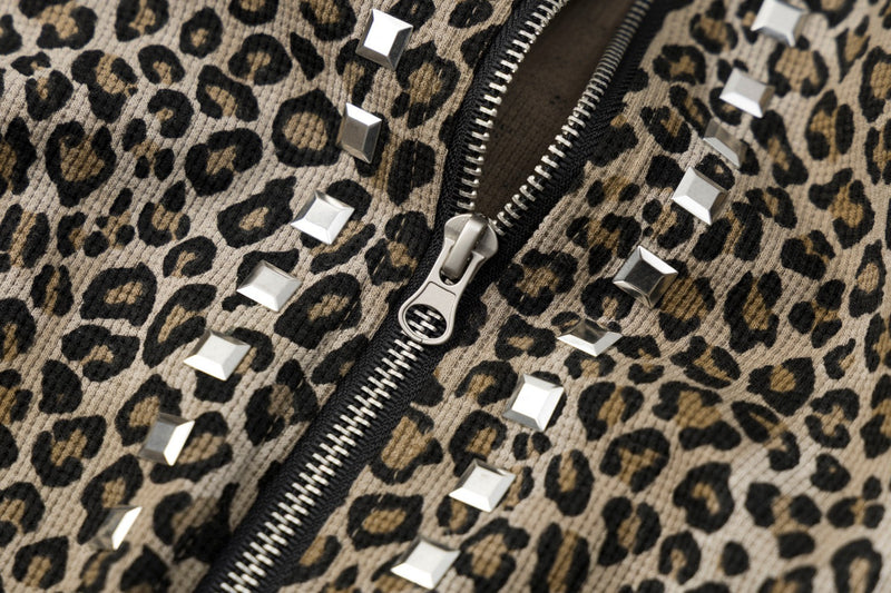 Leopard-Zip-Hoodie Streetwear – Kristallnieten-Details, lange Ärmel