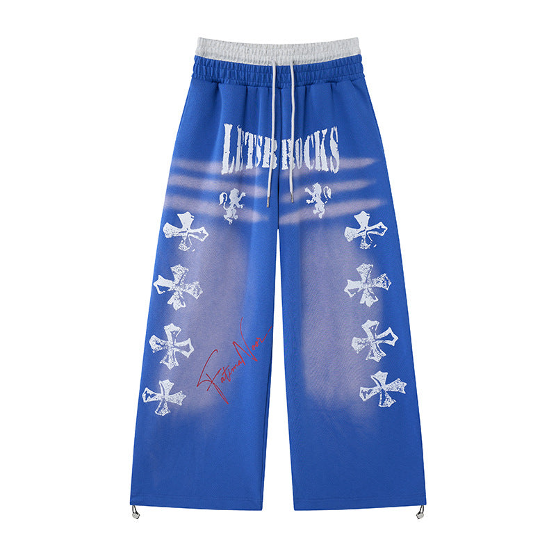 Pantalon de survêtement à jambes larges, graffiti croix et fausse double ceinture