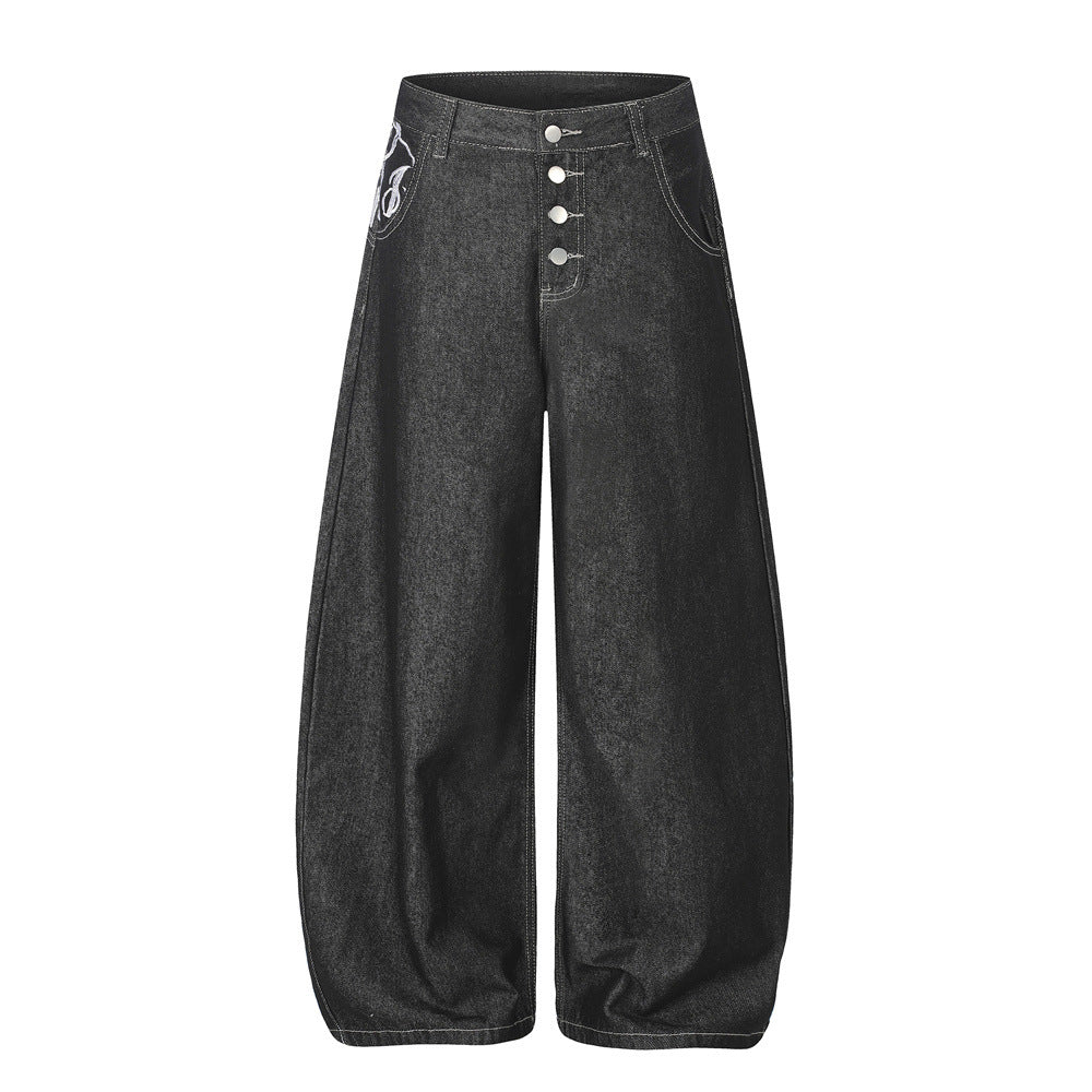 Men's Wide-Leg Jeans – Loose Fit Dark Black Denim with Back Script Embroidery &