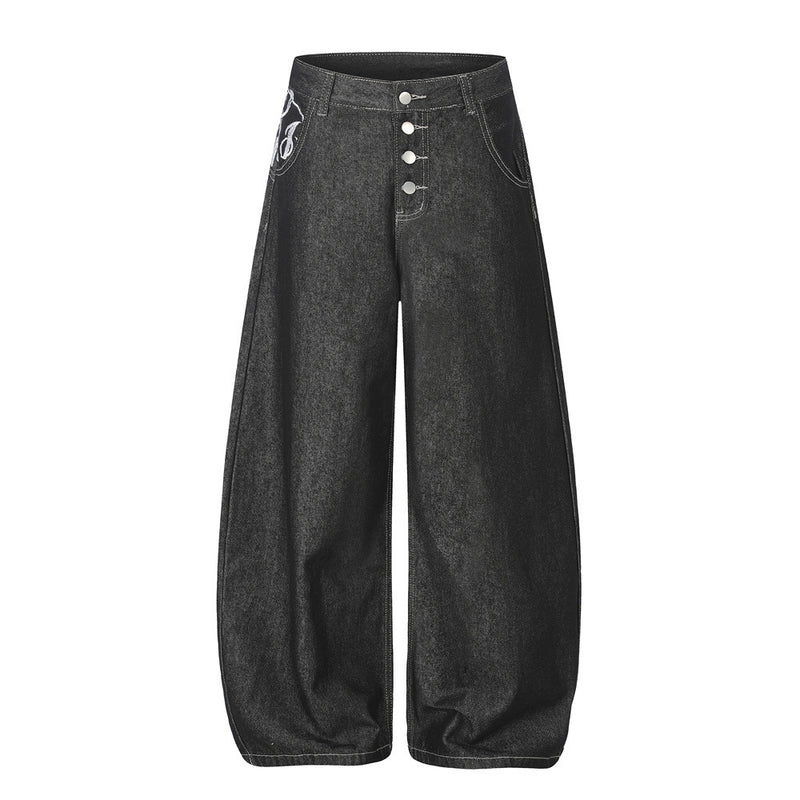 Men's Wide-Leg Jeans – Loose Fit Dark Black Denim with Back Script Embroidery &