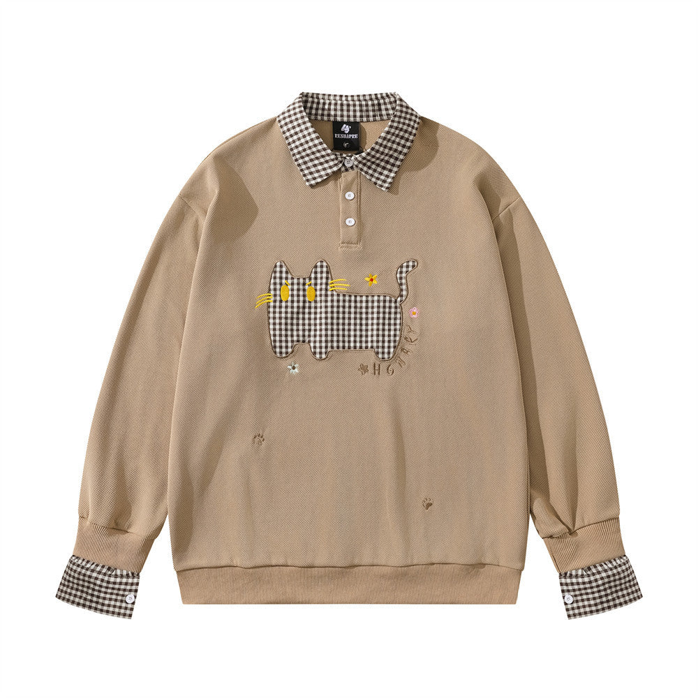 Plaid Collar Cat Embroidery Sweatshirt – Faux Two-Piece Button Polo Men's Top