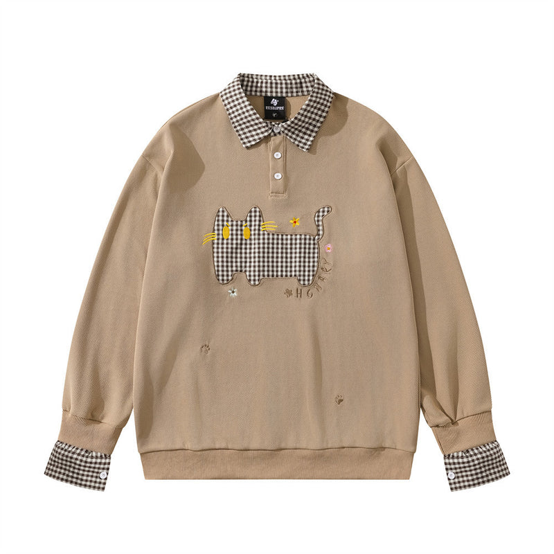 Plaid Collar Cat Embroidery Sweatshirt – Faux Two-Piece Button Polo Men's Top