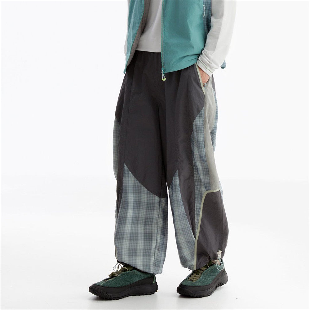 Men's Plaid Patchwork Baggy Pants – Windproof Water-Resistant Drawstring Ankle