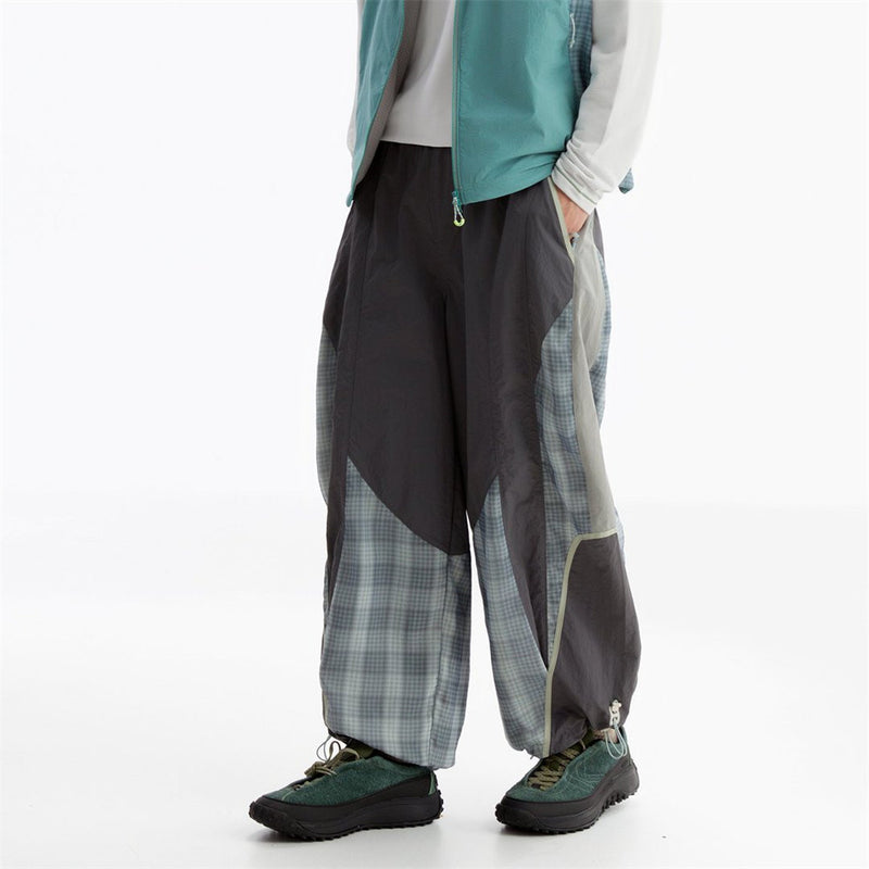 Men's Plaid Patchwork Baggy Pants – Windproof Water-Resistant Drawstring Ankle
