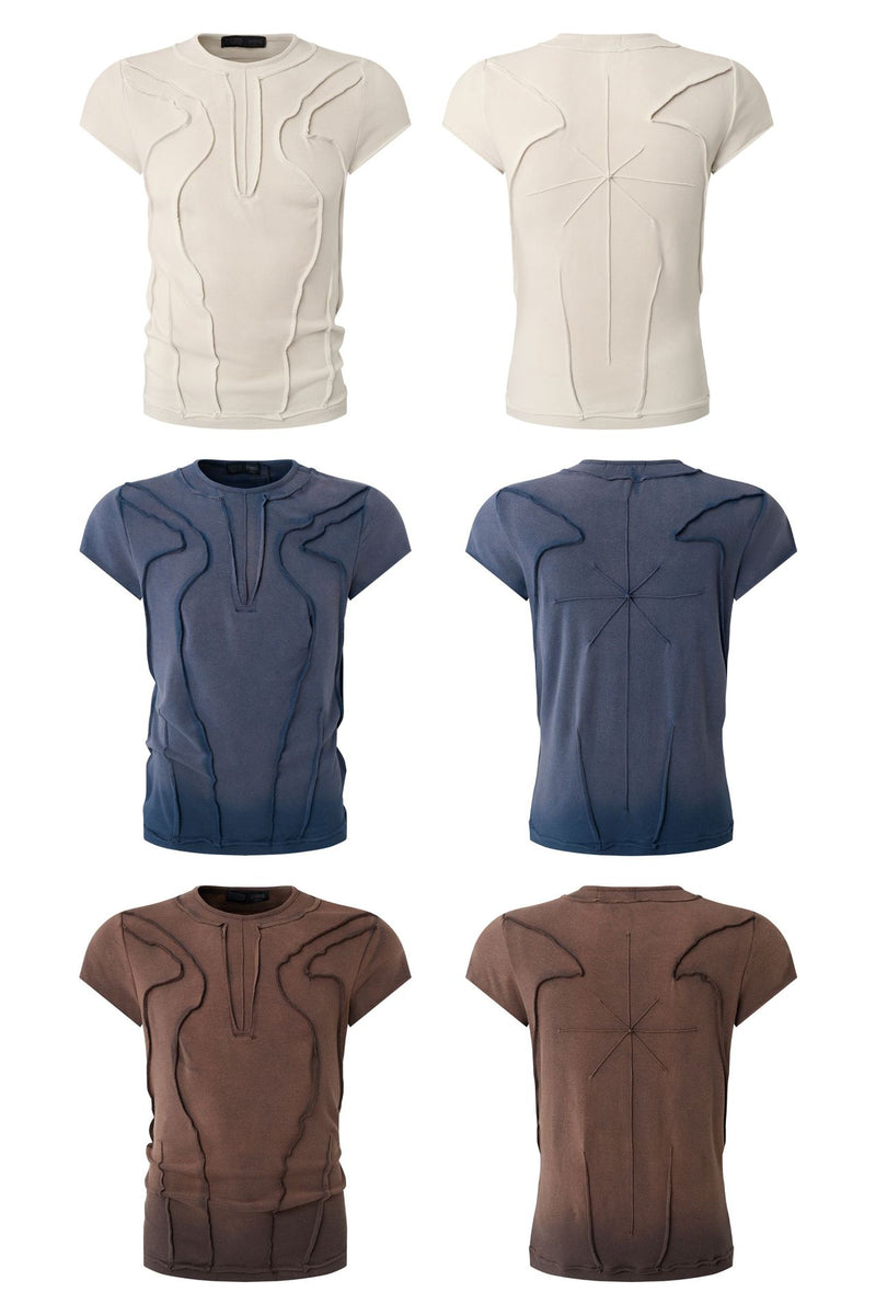 T-shirt manches courtes déconstruit à coutures 3D en relief – Streetwear délavé coupe ajustée