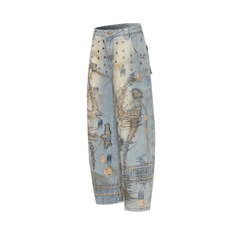 Men's Distressed Wide-Leg Jeans with Chaotic Embroidery & Metal Eyelet Detail