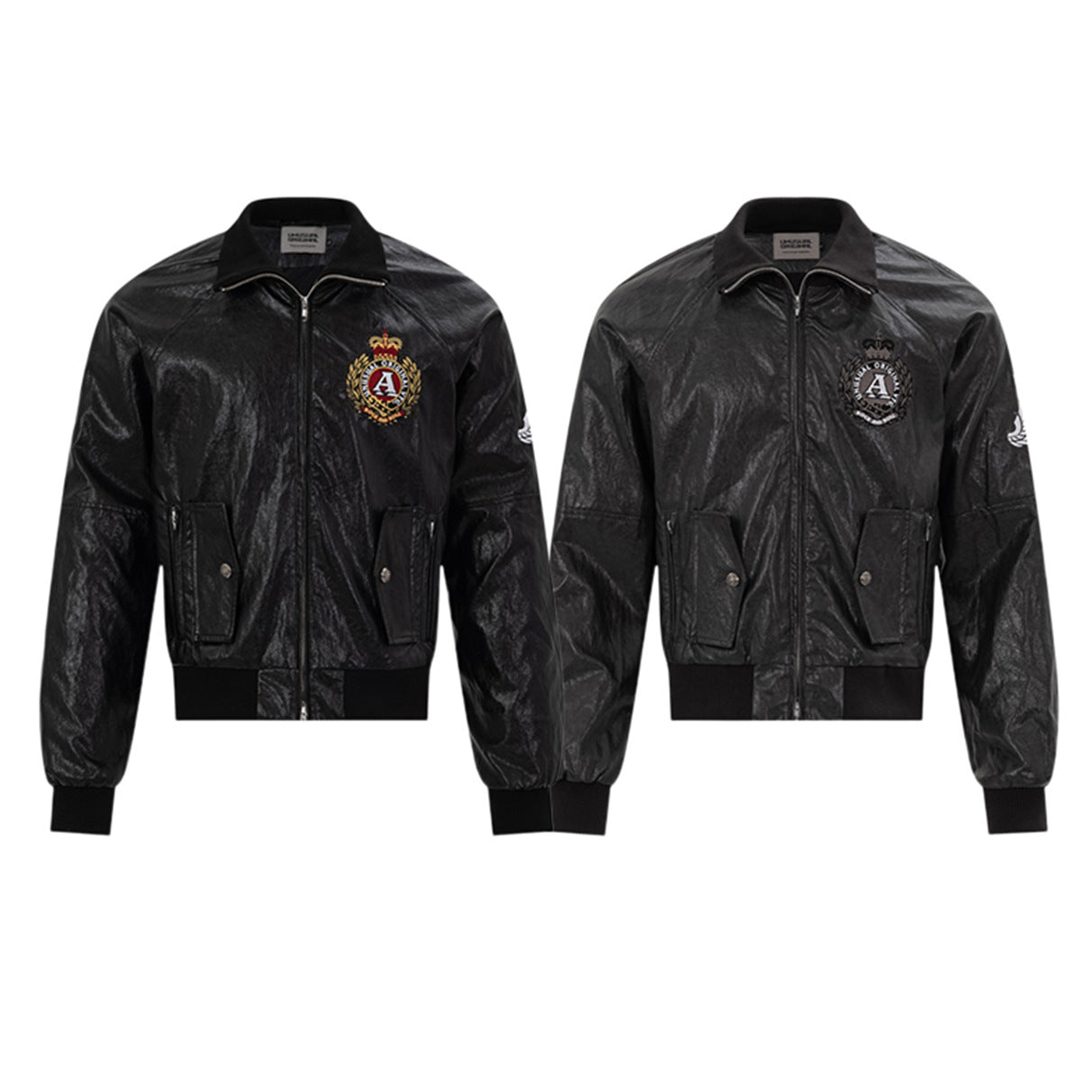 Blouson bomber en similicuir PU brodé – Style vintage racing et flight américain