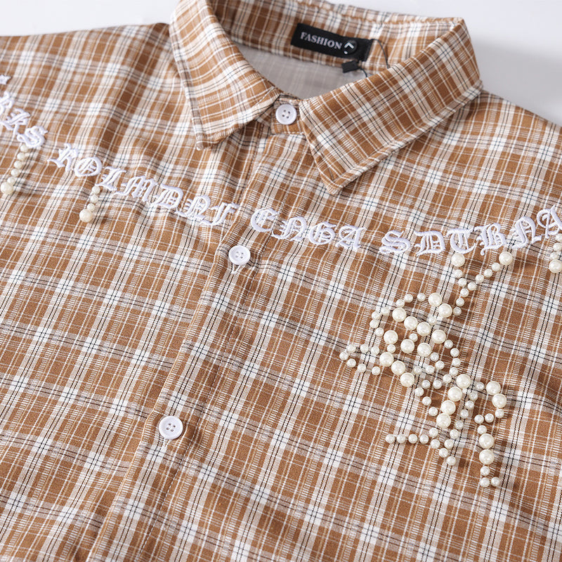 Oversized Plaid Short-Sleeve Shirt with Pearl Star Embroidery
