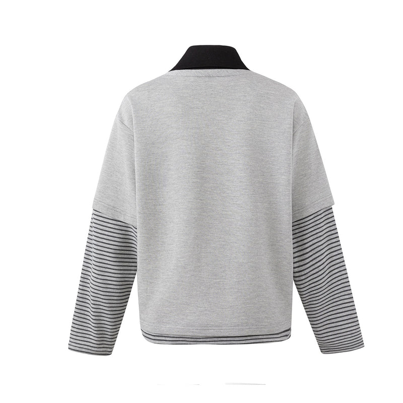 Faux Two-Piece Polo Sweatshirt with Striped Sleeves and Letter Print — Grey