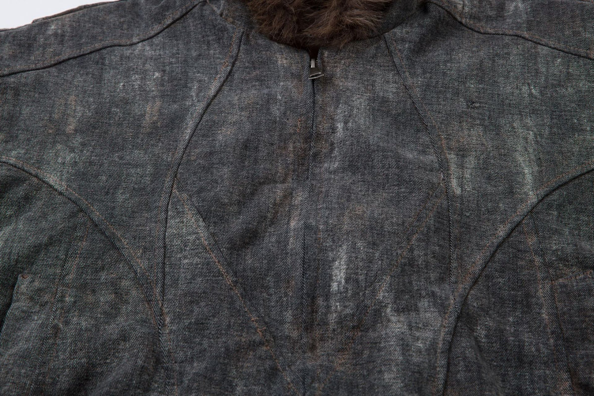 Washed Denim Bomber Jacket with Faux Fur Hood – Vintage American Style