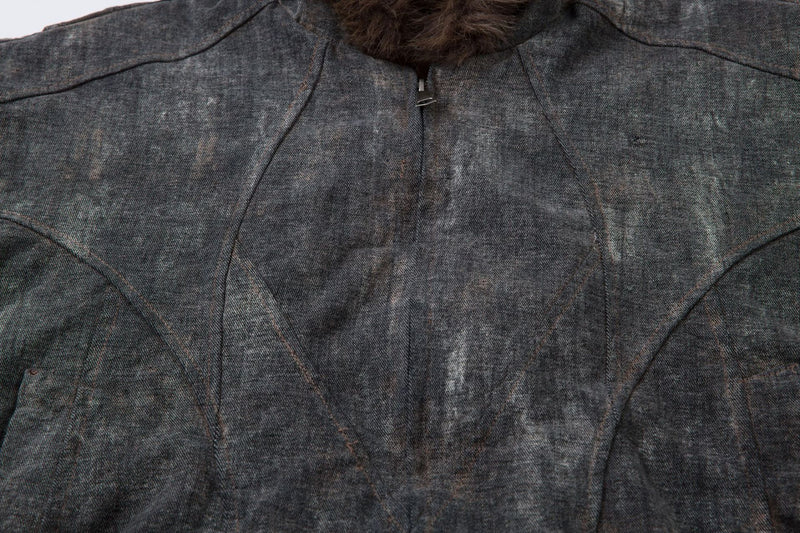 Washed Denim Bomber Jacket with Faux Fur Hood – Vintage American Style