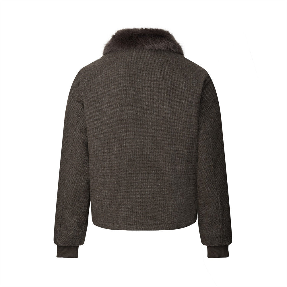 Men's Fur Collar Bomber Jacket – Houndstooth Wool-Blend with Cargo Pockets