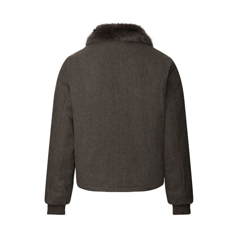 Men's Fur Collar Bomber Jacket – Houndstooth Wool-Blend with Cargo Pockets