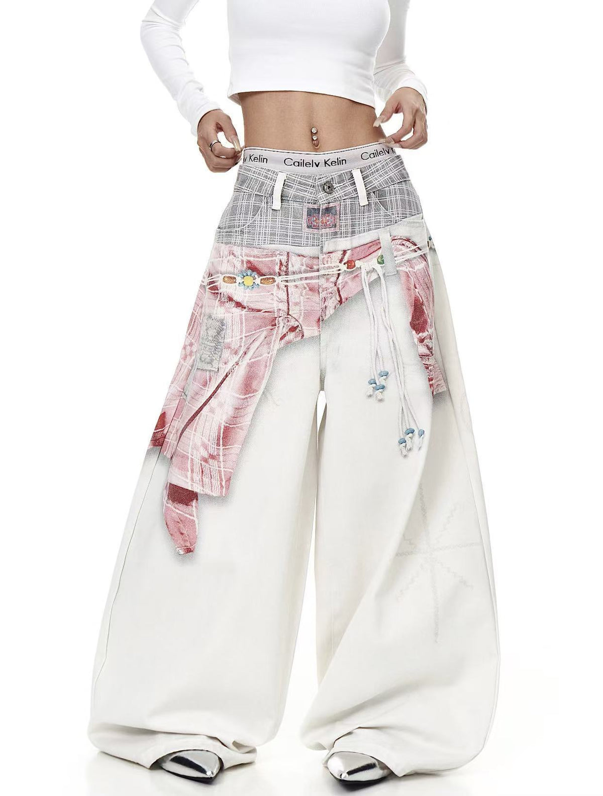 Pantalon ballon à jambes larges avec empiècement à carreaux patchwork – Blanc oversize streetwear