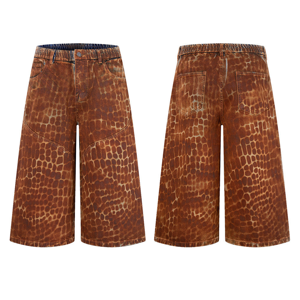 Leopard Print Wide-Leg Denim Shorts – Washed Rust Brown Animal Print