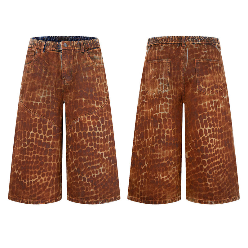 Leopard Print Wide-Leg Denim Shorts – Washed Rust Brown Animal Print