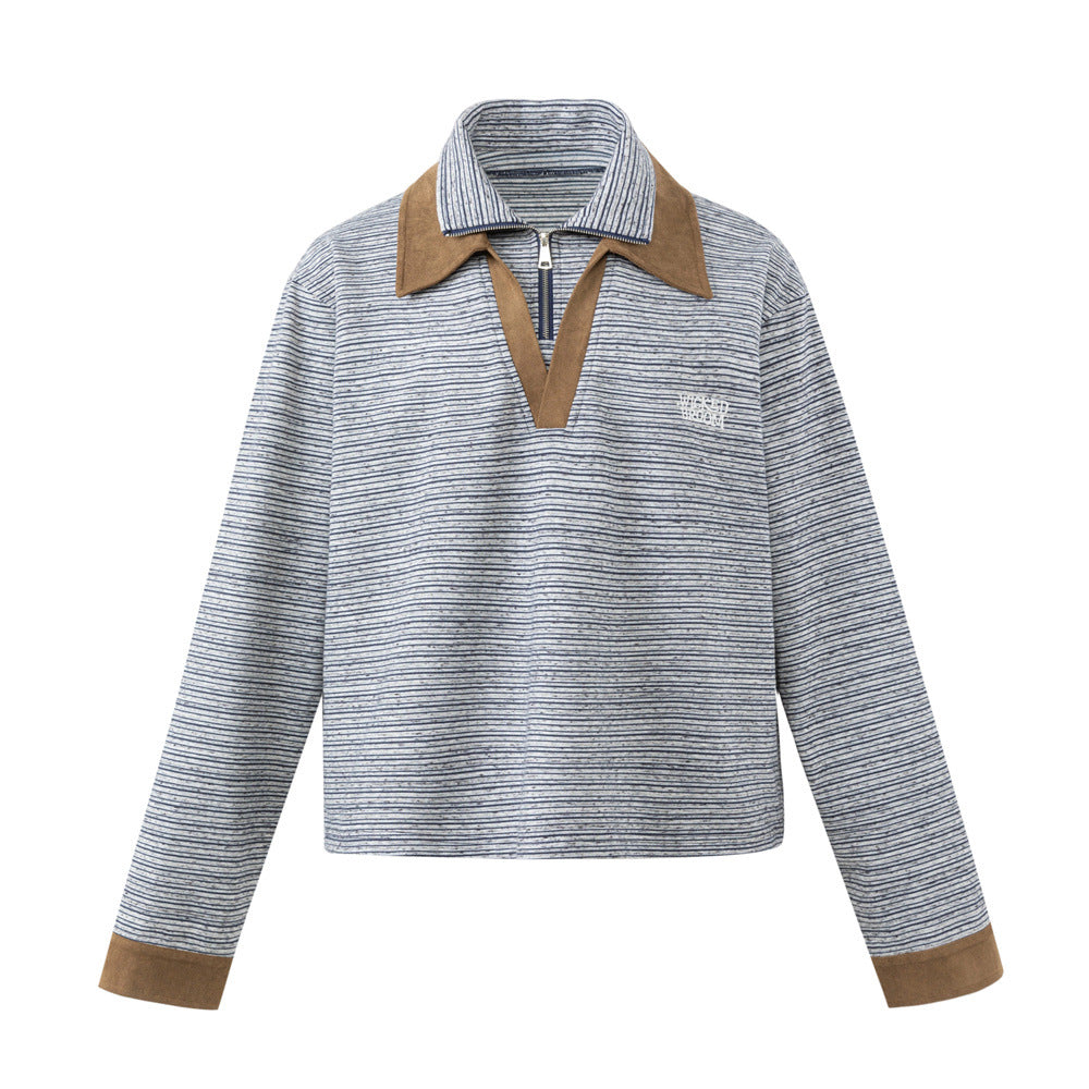 Striped Half-Zip Polo Sweatshirt with Suede Collar & Cuffs