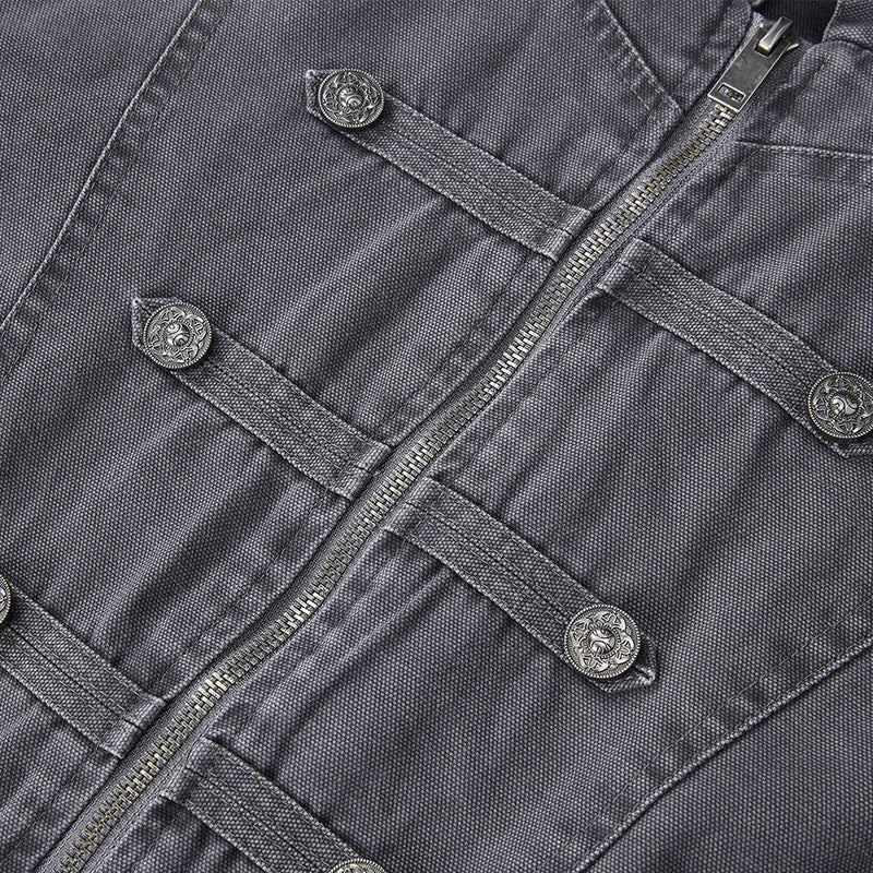 Men's Vintage Military Double-Breasted Zip Jacket with Stand Collar