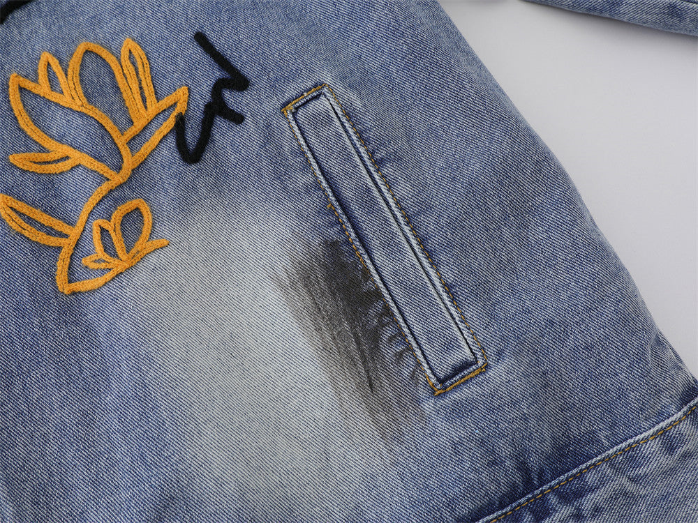 Oversized Black Denim Jacket – Floral Embroidery & Washed Distressed Finish