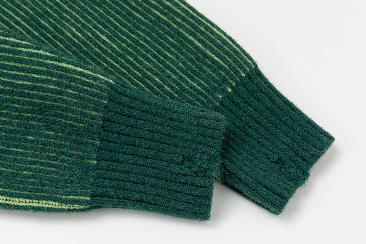 Double-Breasted Knitted Cardigan – Retro Drop-Shoulder Ribbed Sweater in Green