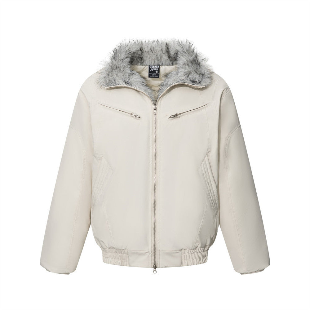 Men's Faux Fur Collar Bomber Jacket – Padded Winter Coat with Dual Zip Pockets