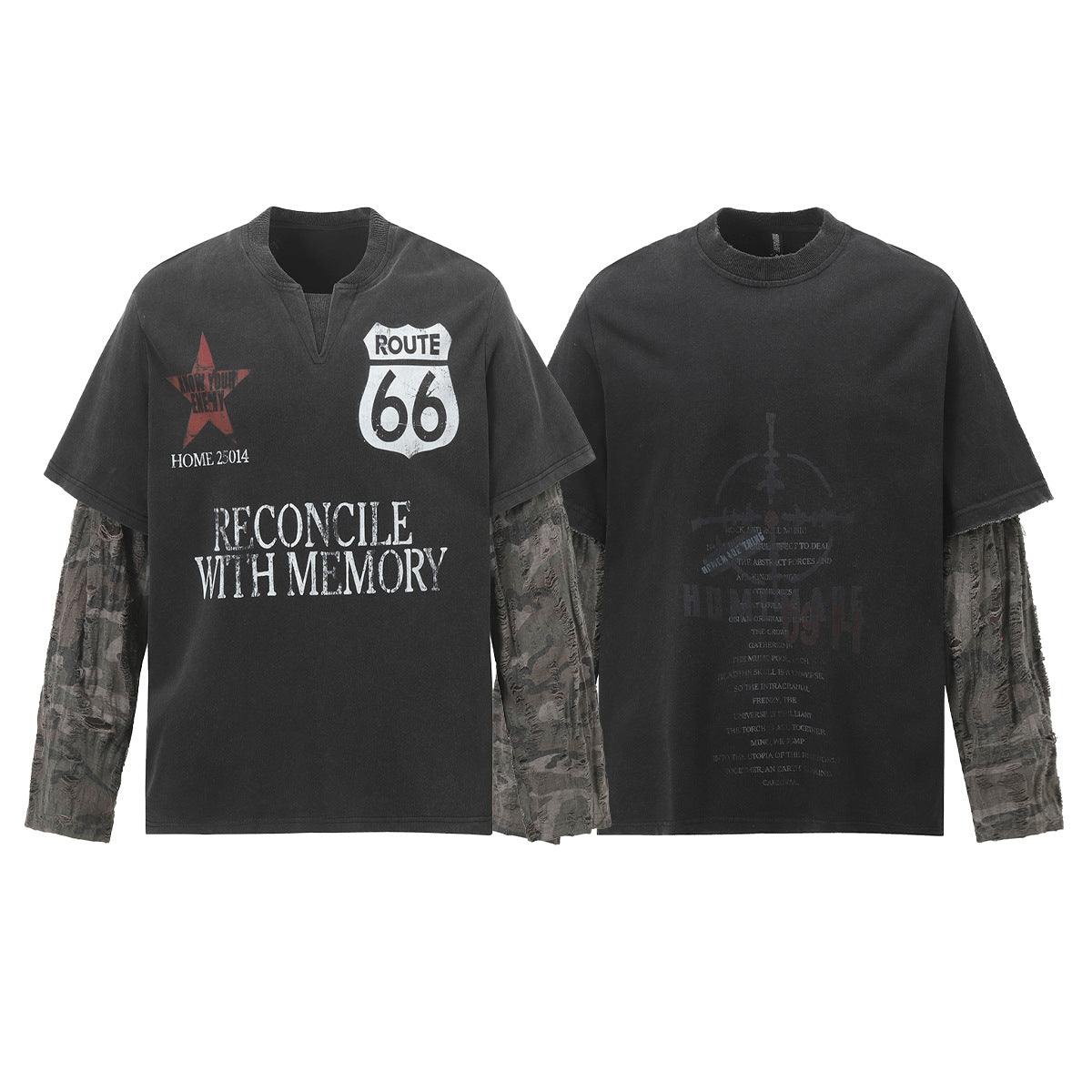T-shirt effet deux-pièces à manches longues, noir délavé, avec manches camouflage effet usé et imprimé Route 66, vues de face et de dos