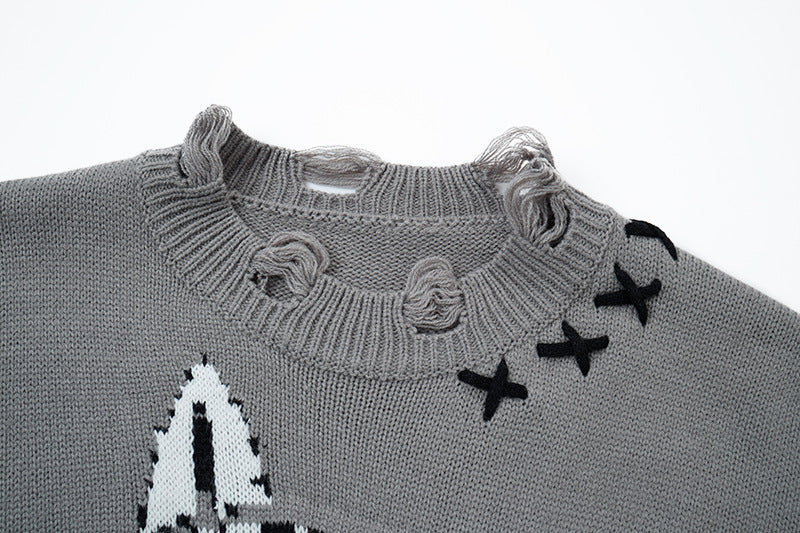 Pull en maille effet usé motif chat – Col rond oversize avec point de croix