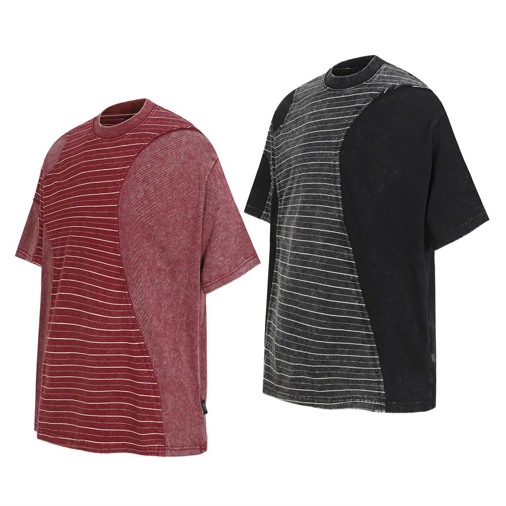 Irregular Patchwork Stripe Oversized T-Shirt | Vintage Acid Wash Retro Tee