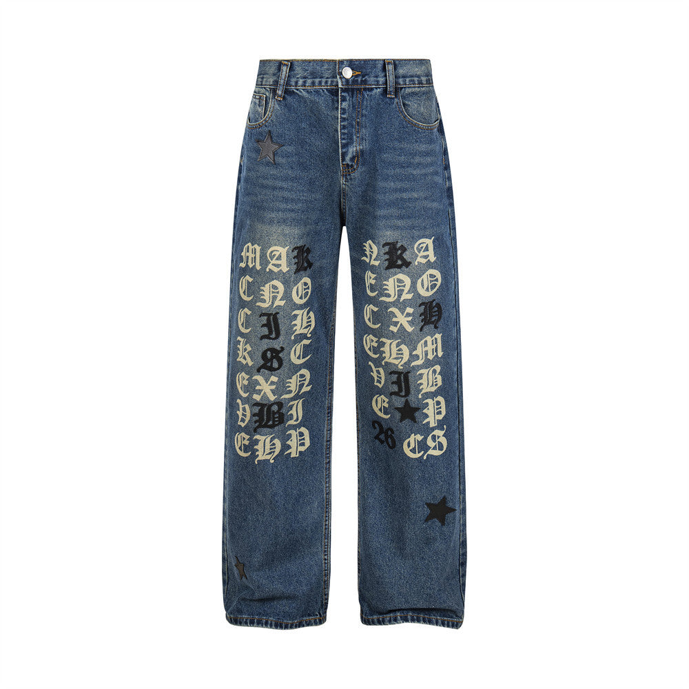 Gothic Old English Letter Print Washed Straight-Leg Jeans