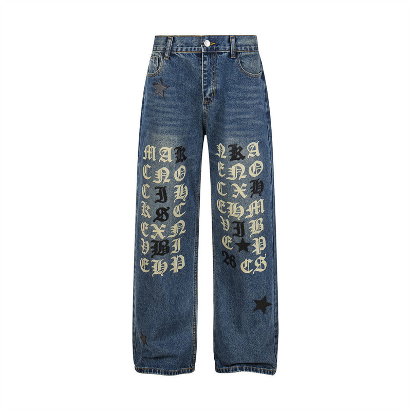 Gothic Old English Letter Print Washed Straight-Leg Jeans