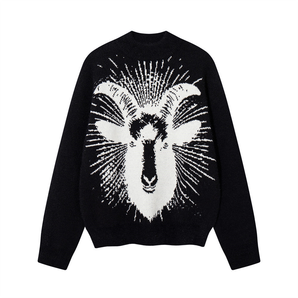 Goat Head Jacquard Crewneck Sweater – Oversized Knit Pullover