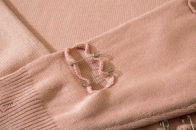 Distressed Knit Crewneck Sweater with Safety Pin Detail