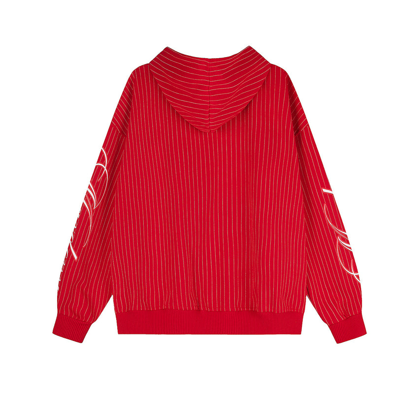 Pinstripe Zip-Up Hoodie with American Flag Embroidery & Script Sleeve Print
