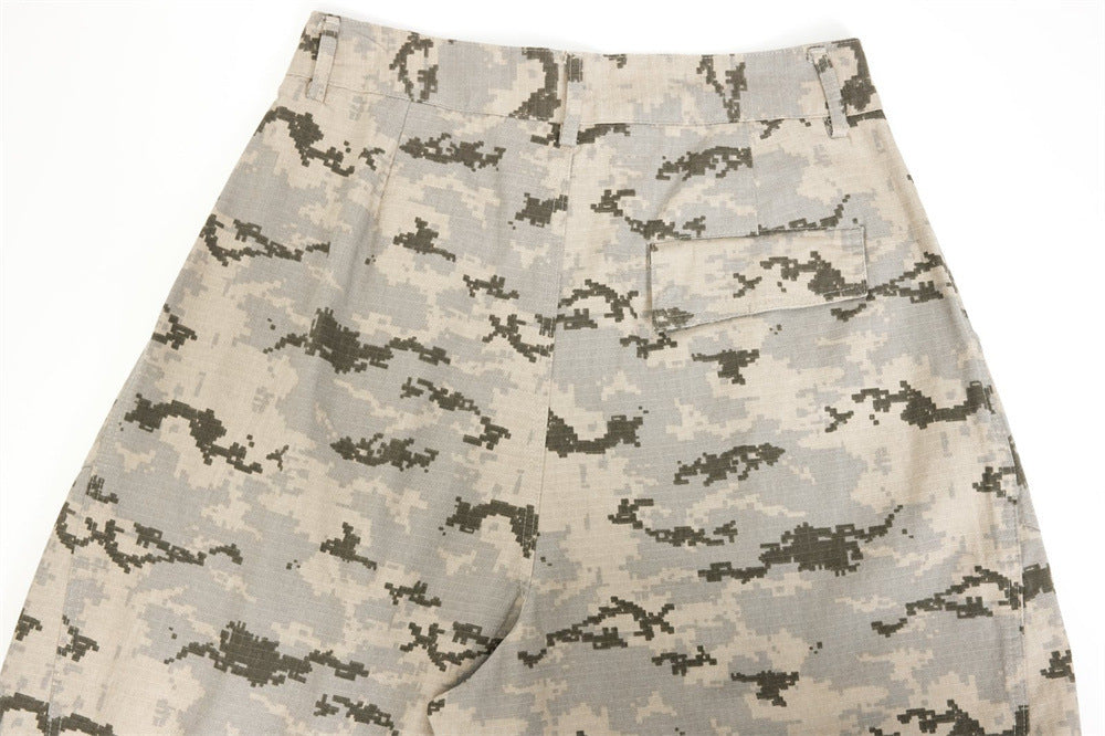Back waistband and rear pocket view of desert camo cargo pants