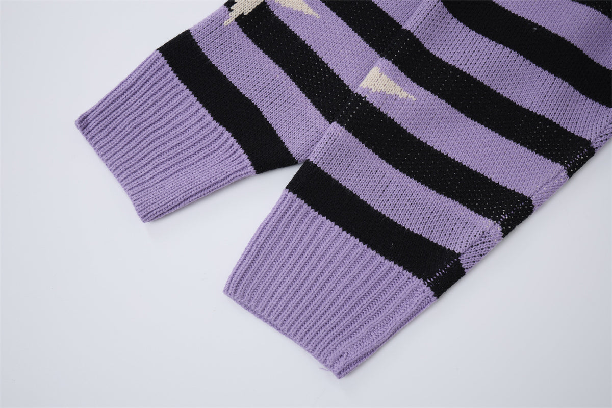 Striped Four-Point Star Jacquard Knit Zip-Up Hoodie Sweater