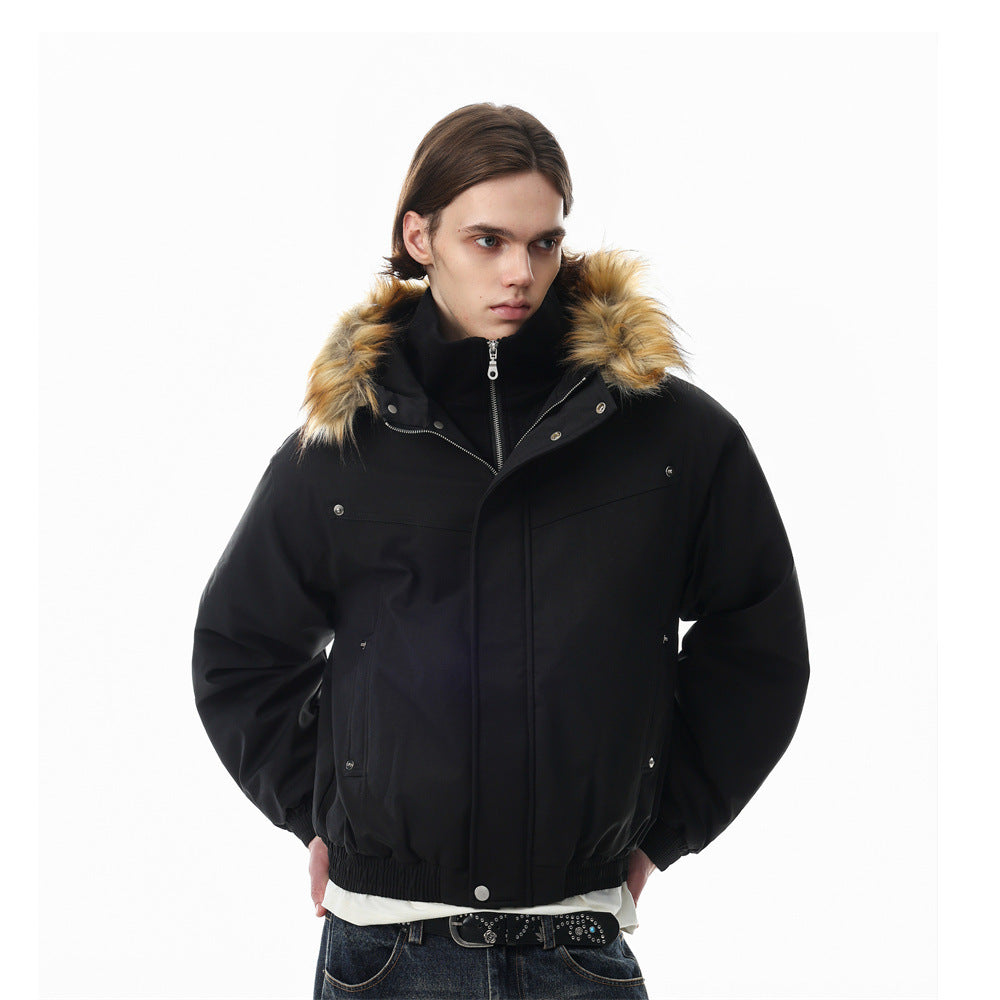 Pufferjacke mit Kunstfellbesatz und Lagenoptik – Übergroßer Wintermantel für Herren
