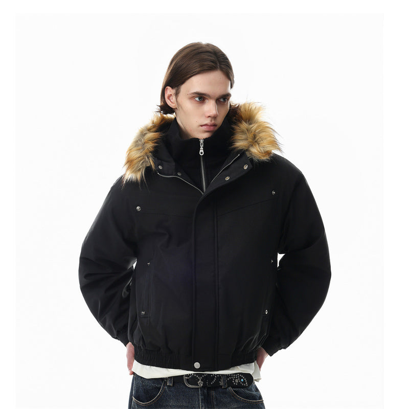Pufferjacke mit Kunstfellbesatz und Lagenoptik – Übergroßer Wintermantel für Herren