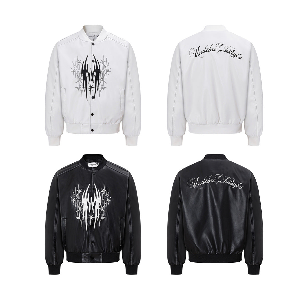 Veste en cuir zippée oversize – Bomber en PU à broderies gothiques tribales
