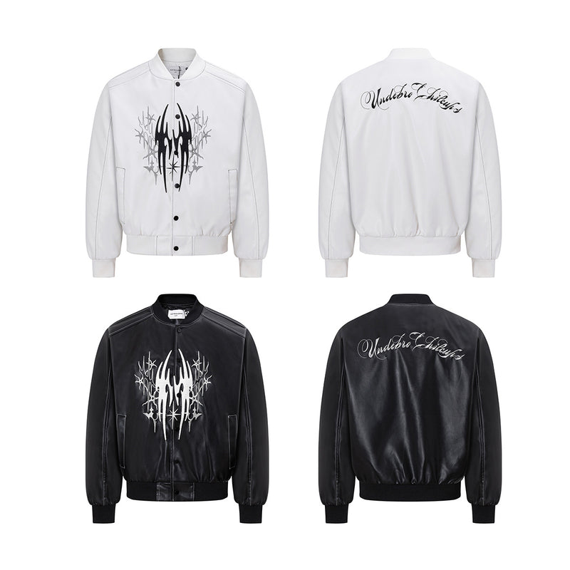 Veste en cuir zippée oversize – Bomber en PU à broderies gothiques tribales
