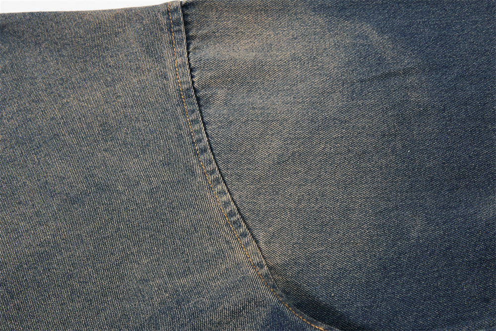 Washed Denim Long-Sleeve Polo Sweatshirt – Vintage Tie-Dye Fade, Oversized Fit