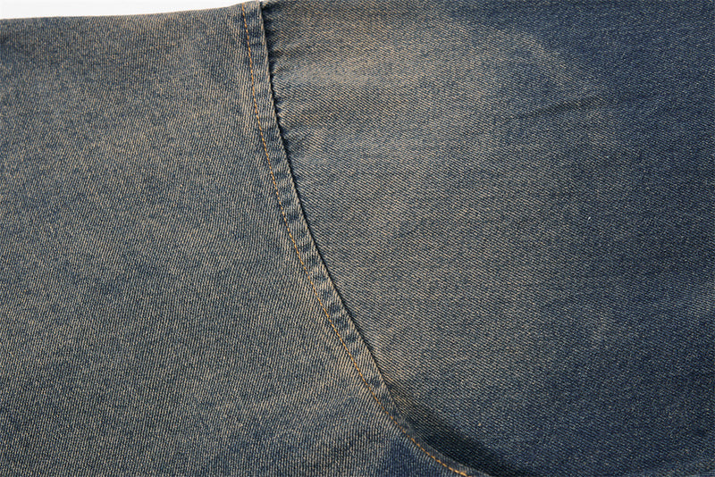 Washed Denim Long-Sleeve Polo Sweatshirt – Vintage Tie-Dye Fade, Oversized Fit