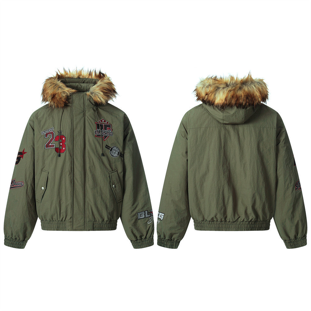 Men's Army Green Varsity Patch Faux Fur Hood Puffer Jacket