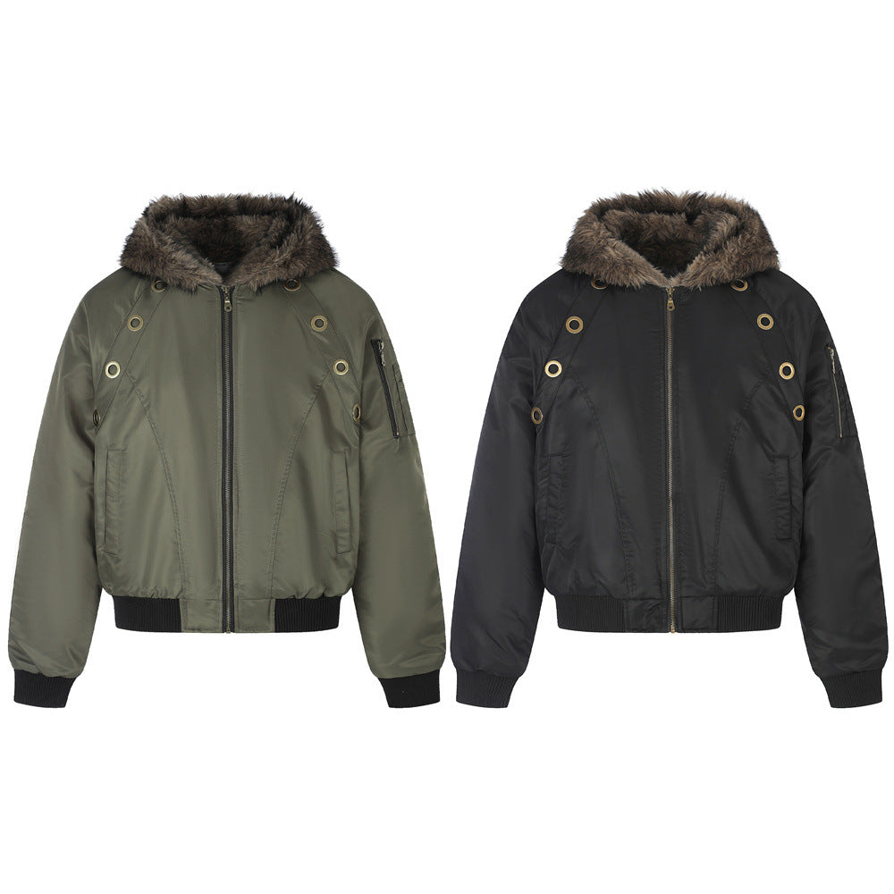 Men's padded bomber jacket with faux fur hood and gold metal eyelet detail in army green