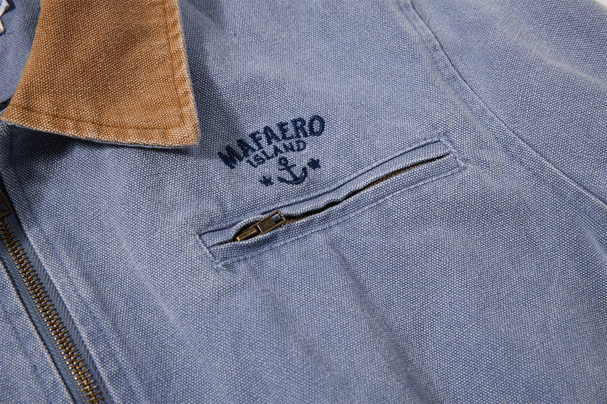 Chaqueta de lona lavada workwear con cuello de pana – Estilo barn de corte cuadrado