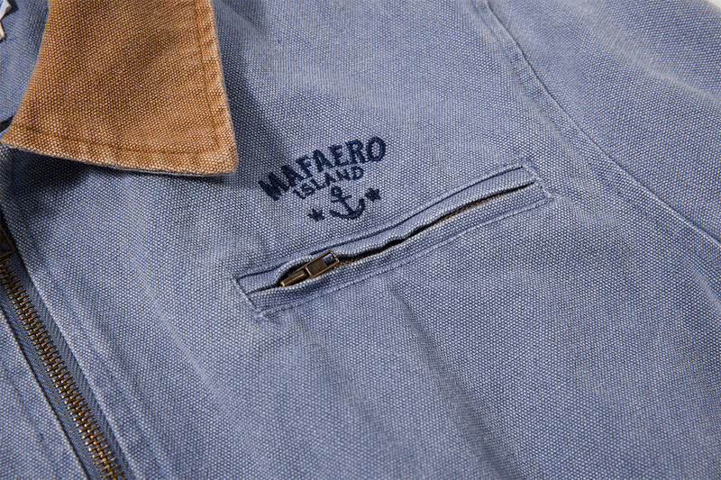 Chaqueta de lona lavada workwear con cuello de pana – Estilo barn de corte cuadrado