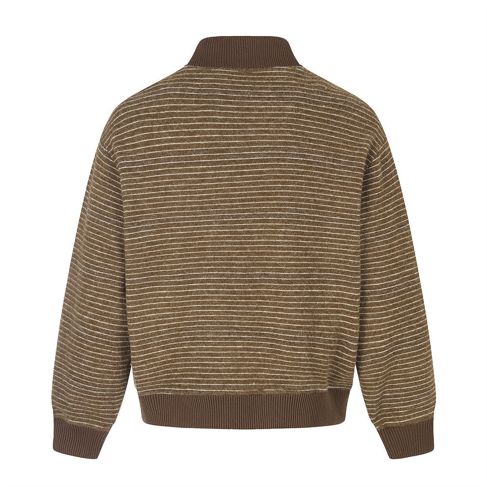 Striped Stand-Collar Bomber Jacket – Relaxed Fit Button-Front Outerwear