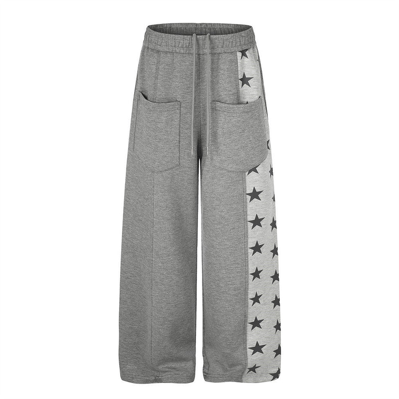 Pantalon de survêtement à jambes larges et imprimé étoiles – Polaire gris chiné à empiècement contrasté
