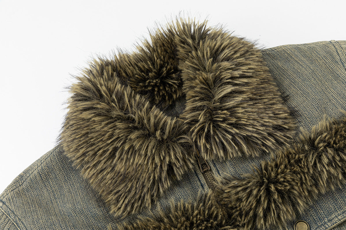 Washed Denim Fur-Trim Padded Jacket – Vintage American Moto Style