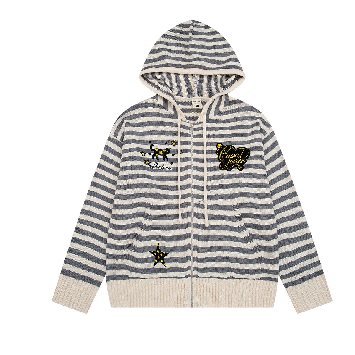 Y2K-Kapuzenjacke mit Reißverschluss – gestreifte Strickjacke mit Katzen- und Sternenstickerei