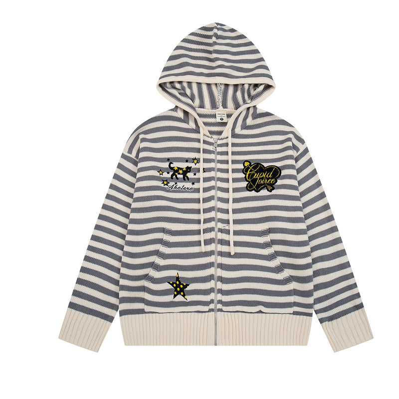 Y2K-Kapuzenjacke mit Reißverschluss – gestreifte Strickjacke mit Katzen- und Sternenstickerei